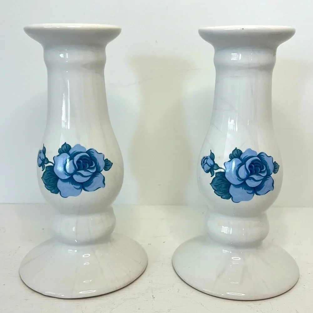 Vintage Blue Velvet 6 Inch Candlesticks by Jay Imports